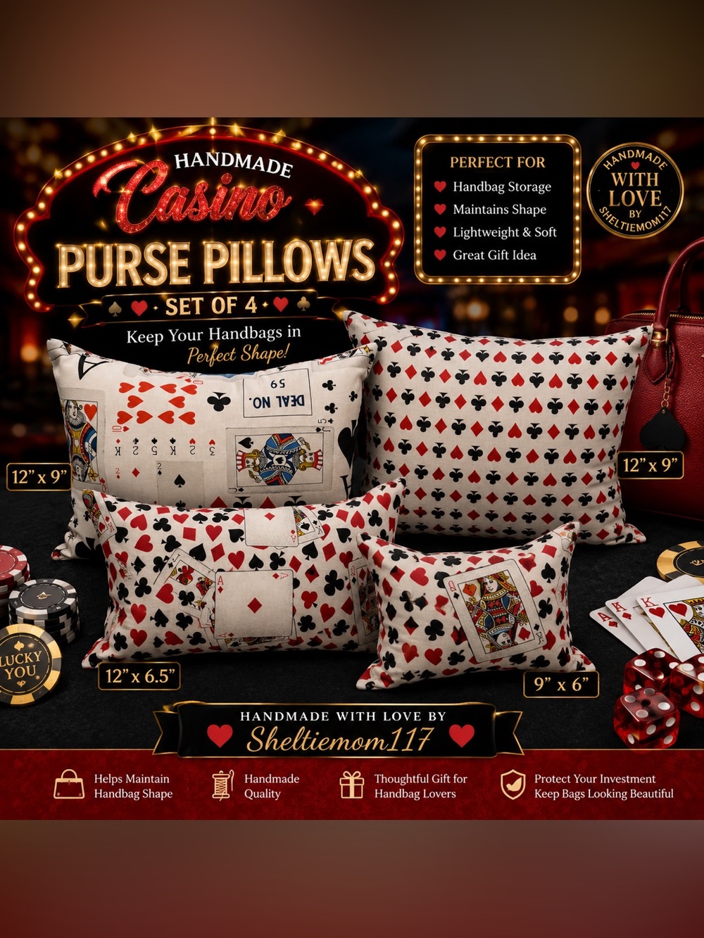 Handmade Casino Playing Cards Purse Pillow Set of 4 | Handbag Shapers
